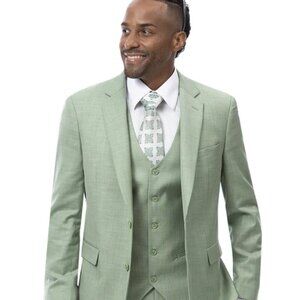 "Sharkskin Business Suit - Mens Modern Fit Two Button Vested in Moss Green"